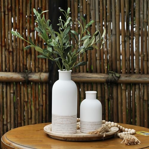 Ceramic Vase Set of 2 & 2Pcs Artificial Olive Leaves, Flower Vases Home Decor Rustic Vase Farmhouse Decor Vase Pottery Vase Boho Decorative Vase for Living Room, Bedroom,Bathroom - Image 4