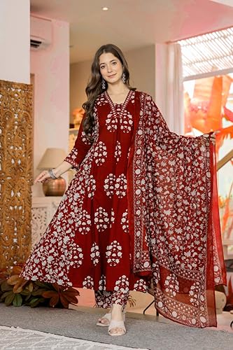 Image of PARTHVI Women's Pure Cotton Block Printed Ethnic Wear Kurta & Palazzo Pants & Dupatta Set