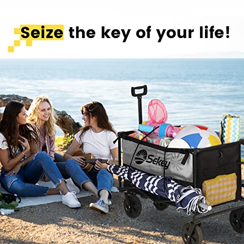 Sekey Collapsible Foldable Wagon With 220Lbs Weight Capacity, Heavy Duty Folding Utility Garden Cart With Big All-Terrain Beach Wheels & Drink Holders. Black&Grey #TOP7