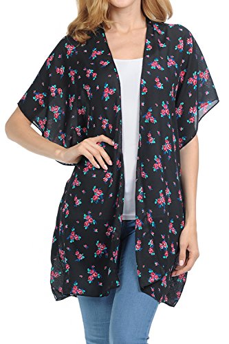 Image of BASICO Women's Floral Print Kimono Cardigan Loose Open Front Lightweight Summer Tops (One Size, Cardigan # Black)