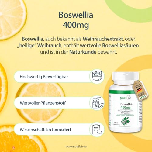 Boswellia 400mg - mit 800mg Weihrauch-Extrakt pro Tagesdosis - 120 Tabletten - Hochdosiert - 100% Vegan – Deutsche Produktion & Laborprüfung - NutriFair | Premium & Fair