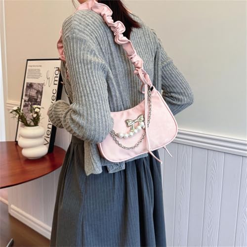 Elegant Pearls Pleated Underarm Shoulder Bag for Women Fashionable PU Leather Crossbody Purse with Bows Decoration3