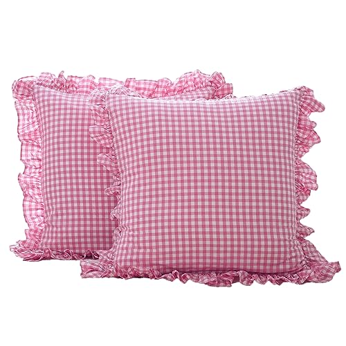 K MASANIJI Lot de 2 Housses de Coussin européennes à Volants à Carreaux, 100% Coton à Carreaux Vichy pour lit/canapé, Style Rustique Shabby-Chic (66 x 66...