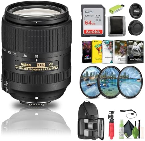Nikon AF-S DX NIKKOR 18-300mm f/3.5-6.3G ED VR Lens (2216) + 64GB Memory Card + Filter Kit + Backpack + Card Reader + Corel Photo Software + Flex Tripod + Memory Wallet + Cap Keeper + Cleaning Kit