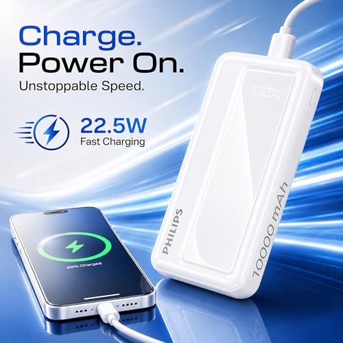 Image of Philips 10000mAh 22.5W Fast Charging Power Bank (Alba White) with Digital LED Display | Type-C & USB-A Input /Output | 3 Output Ports | Lithium Polymer Battery | Portable for Mobile, Tablet & Earbuds