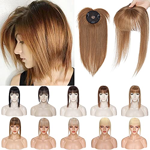 S-noilite Clip In Mono Topper with Bangs 100% Real Human Hair Crown Toppers with Wispy Bangs 14 Inch 38g Light Brown Top Hairpiece For Women with Thinning Hair/Gray Hair/Short Hair/Hair Loss #6