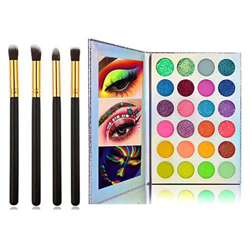 Kalolary - Paleta de sombras de ojos luminosas de neón,24 colores Sombra de ojos negra mate y brillante con brillo UV que brilla en la oscuridad y cepillo de sombra de ojos 4pcs