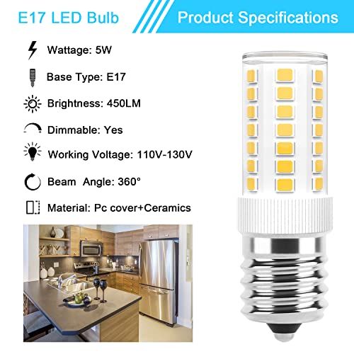 Image of E17 LED Bulbs Dimmable 5W Microwave Over Stove Bulb, 40W Incandescent Equivalent, Natural White 4000K, Fit for Whirlpool Maytag GE Kenmore LG Microwaves, Replaces 8206232A 1890433 AP4512653, 2 Pack