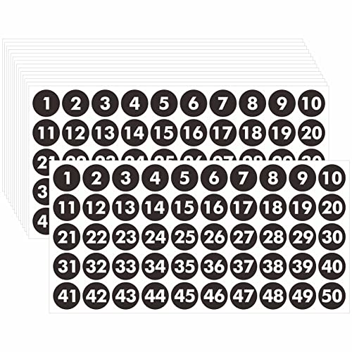 Lot de 750 Autocollants Numérotés Ronds - 15 Feuilles Consécutives d'Étiquettes en Vinyle Noir 1 à 50 - Pour Intérieur, Extérieur, Bureau, Salle de Classe