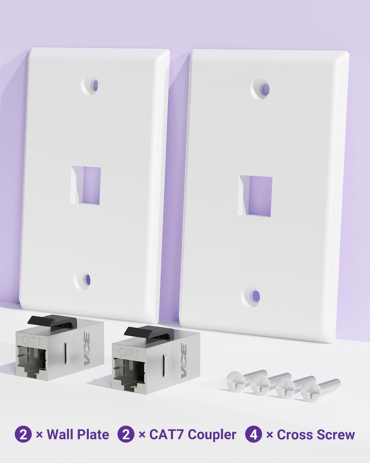 VCE CAT7 Shielded Ethernet Wall Plate UL Listed, 10 Gbps RJ45 Wall Plate and Jack, Ethernet Outlet Cover with Keystone Inline Coupler, Silver 2-Pack