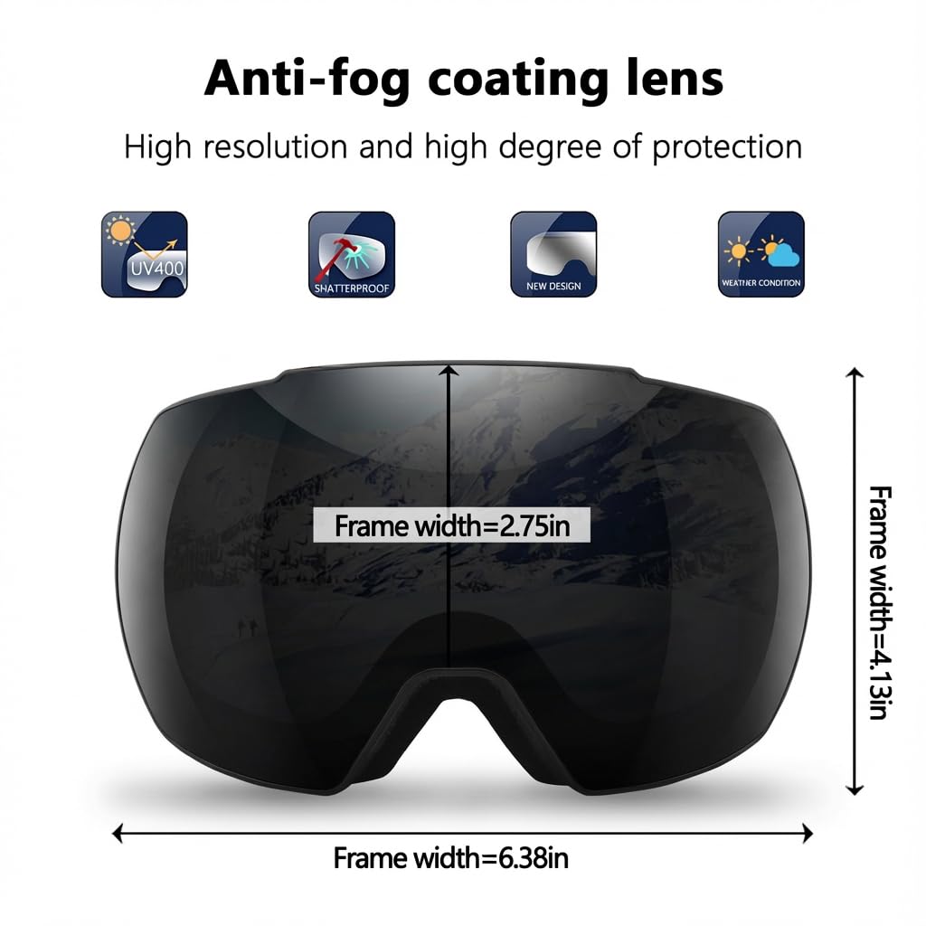 OULAIQI Occhiali da sci da neve, protezione OTG UV400, anti nebbia, sci, pattinaggio, snowboard, occhiali da snowboard per uomini e donne giovani