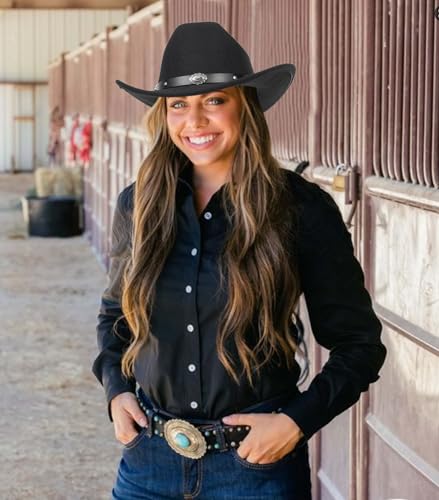 Image of Women-Classic-Western-Cowboy-Shapeable-Hat - Men-Roll-Up-Wide-Brim-Felt-Fedora-Hats-Cowgirl-Hat with Belt Buckle(M-L)