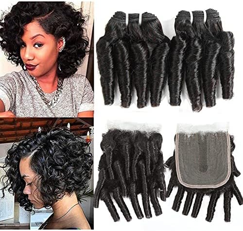 Molefi Brazilian Funmi Hair Curly Weave 3 Bundles with Lace Closure Spiral Curl Hair Bundles with 4x4 Closure 100% Human Hair Extensions 50g/pc Natural Black (8 8 8 +8)