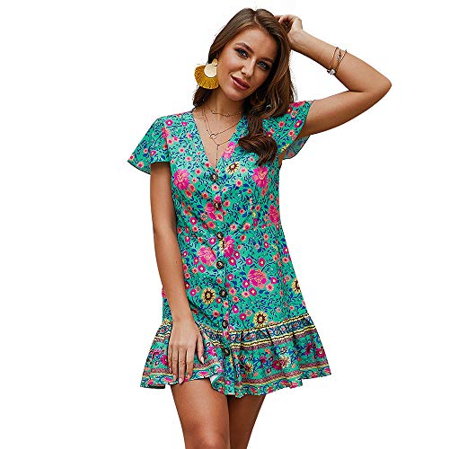 Exlura Women's Summer Bohemian Floral Printed Wrap V Neck Short Sleeve Ruffle Mini Dress Turquoise
