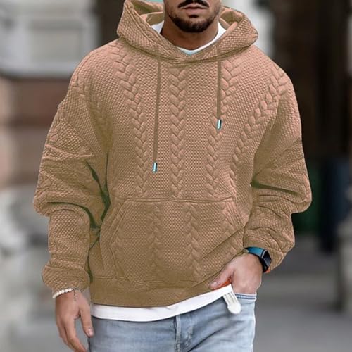 Mens Hoodies Fall Textured Long Sleeve Pullover Casual Oversized Drawstring Hooded Sweatshirt with Pockets 20252