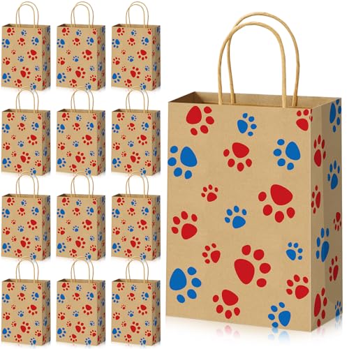 Blulu 20 Pcs Dog Paw Gift Bag, Kraft Backing, Red Blue Paws