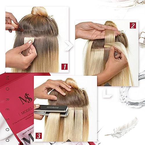 Image of Moresoo Tape in Extensions Human Hair Ash Blonde 14in 40Pcs 80g | Tape in hair extensions human hair blonde, full-set volume, flat tabs, straight texture for center parts, weekend wear