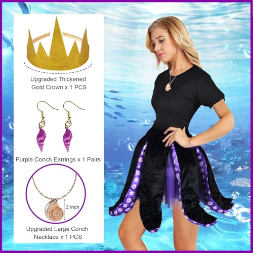 Halloween Octopus Costume Adult Under The Sea Costume Halloween Costumes for Women with Black Purple Tentacle Skirt Tutu Skirt T-shirt Necklace Earrings Crown4