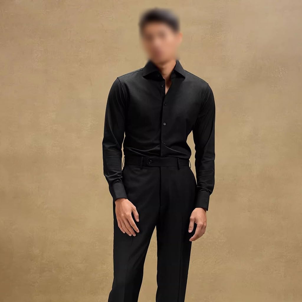 Camisa De Vestir De Hombre Sin Plancha, Camisa Negra De Manga Larga con Cuello Abierto, para Negocios & Bodas