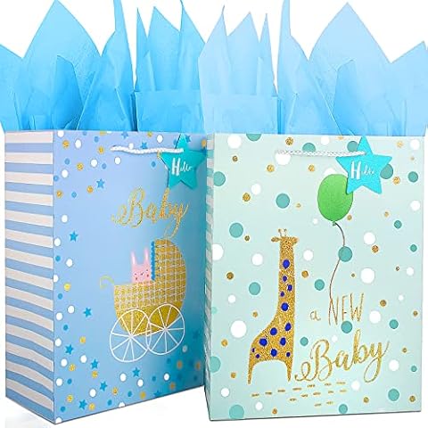 Gift Bag for Baby Boy,12.6" Large Gift Bags with Tissue Paper,Gift Bag for Baby Shower Bag with Gold Foil Design, Paper Gift Bag for Newborn,Baby,New Moms,Gift Wrap Baby Shower Bag for Baby Boy Baby Girl,Baby Birthday Gift Bags with Handles,Cute Present Bag Gift Bags Set Cover