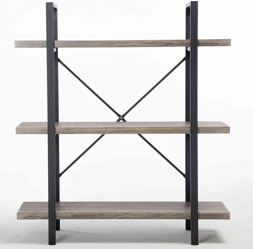 HSH 3-Shelf Bookcase, Rustic Gray 3 Tier Bookshelf, Vintage Industrial Wooden and Metal Display and Storage Bookshelves Tower for Home Office Livingroom Bedroom Light Grey Oak 3-Tier Light Grey Oak