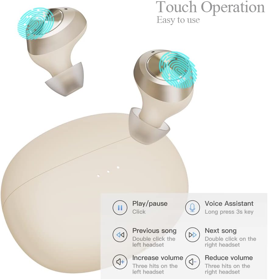 HiFi Stereo Wireless Earbuds,Bluetooth 5.3 Waterproof in Ear Headphones Touch Control Lightweight,for Smartphone Laptop Sports Travel Work Black (Beige)