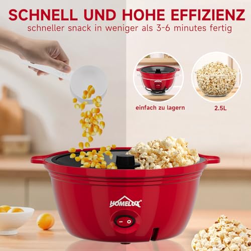 HOMELUX Popcornmaschine Popcorn Maker 450W Mini Popcorn Maschine mit Messlöffel Antihaftbeschichtung Snack Popcorn Popper für Zuhause Party Kinder, Deckel als Servierschale, Stille & Schnelle Rot