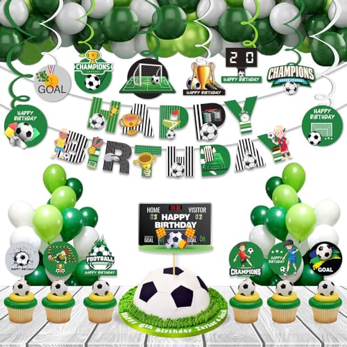 Image of Festiko Set of 49 Pcs Football Theme Happy Birthday Combo (Banner, Swirls With Cutouts, Balloons, Cake & Cupcake Toppers), Football Theme Decorations, Birthday Decoration Items