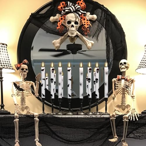 Image of Halloween Flameless Taper Candles with Remote Timer, 4 Pack LED Flickering Candlestick, 9.65 Inch Battery Operated Real Wax with Spider Web Prints Halloween Decor Indoor