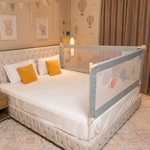 Image of Kids Station 2 Side with Pocket Bed Rail Guard (6.6ft x 6ft / 200cm x 180cm), Bed Railing for Baby Safety, Kids Toddler Bed Protector Side Walls, Adjustable Height, Portable & Foldable (Grey)