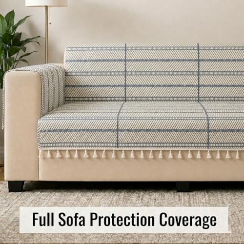 Image of STITCHNEST 'Frostvine Collection' 2 Seater Sofa Cover | Full Coverage with Armrest Pockets | Cotton Quilted Fabric, Decorative Tassels, Washable & Durable for Modern Living