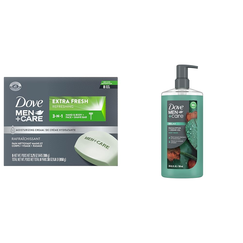DOVE MEN + CARE 3 in 1 Bar Cleanser for Body, Face & Shaving Pack of 8 + Eucalyptus + Cedar Oil Body Wash 26 oz
