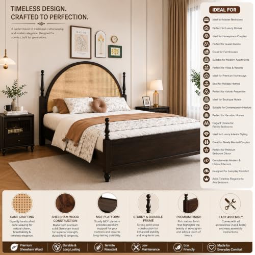 Image of Solid Sheesham Wood Poster King Size Poster Honeymoon Bed Without Storage with Designer Piller and Cane Crafting