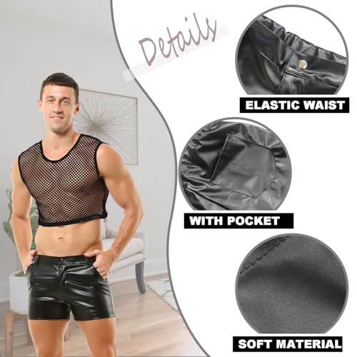 Men's PU Leather Shorts Mens Exotic Boxer Shorts Elastic Waist Rave Hot Short Pants with Pockets4