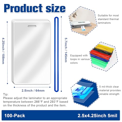 Image of 100 Pack 5 Mil Laminating Pouch with Colorful Loop 2 1 /2 inch x 4 1 /4 inch Luggage Tag Laminating Pouches with Slot Hole Thermal Laminate Pouch Tags Kit Resealable for Work Permits Pass Cards Student ID Cards