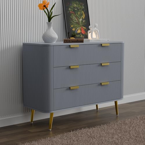 Image of Wooden Chest of Drawers | 3 Drawers Dresser Console Cabinet for Bedroom, Living Room, Drawing Room & Office | Multipurpose Storage Sideboard | HDMR Premium Wood and Iron(Light Grey)