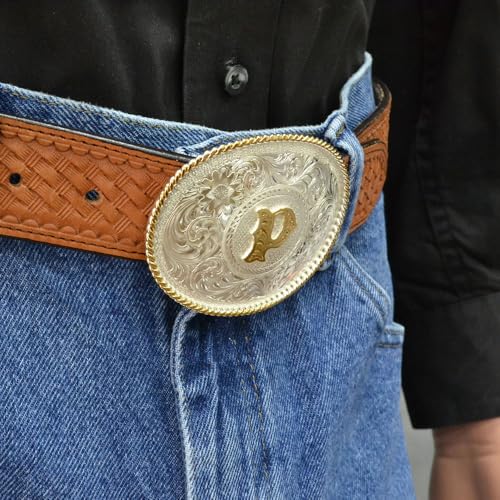 Image of Montana Silversmiths Initial Engraved Gold Trim Western Belt Buckle