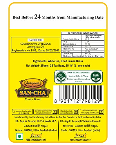 Image of Sancha Tea Boutique Lemongrass White Tea Bags, Pyramid Tea Bags (Pack of 25), 100% Biodegradable, Environment Friendly Tea Bags, Worlds Healthiest Tea, Relaxing & De-Stress Tea