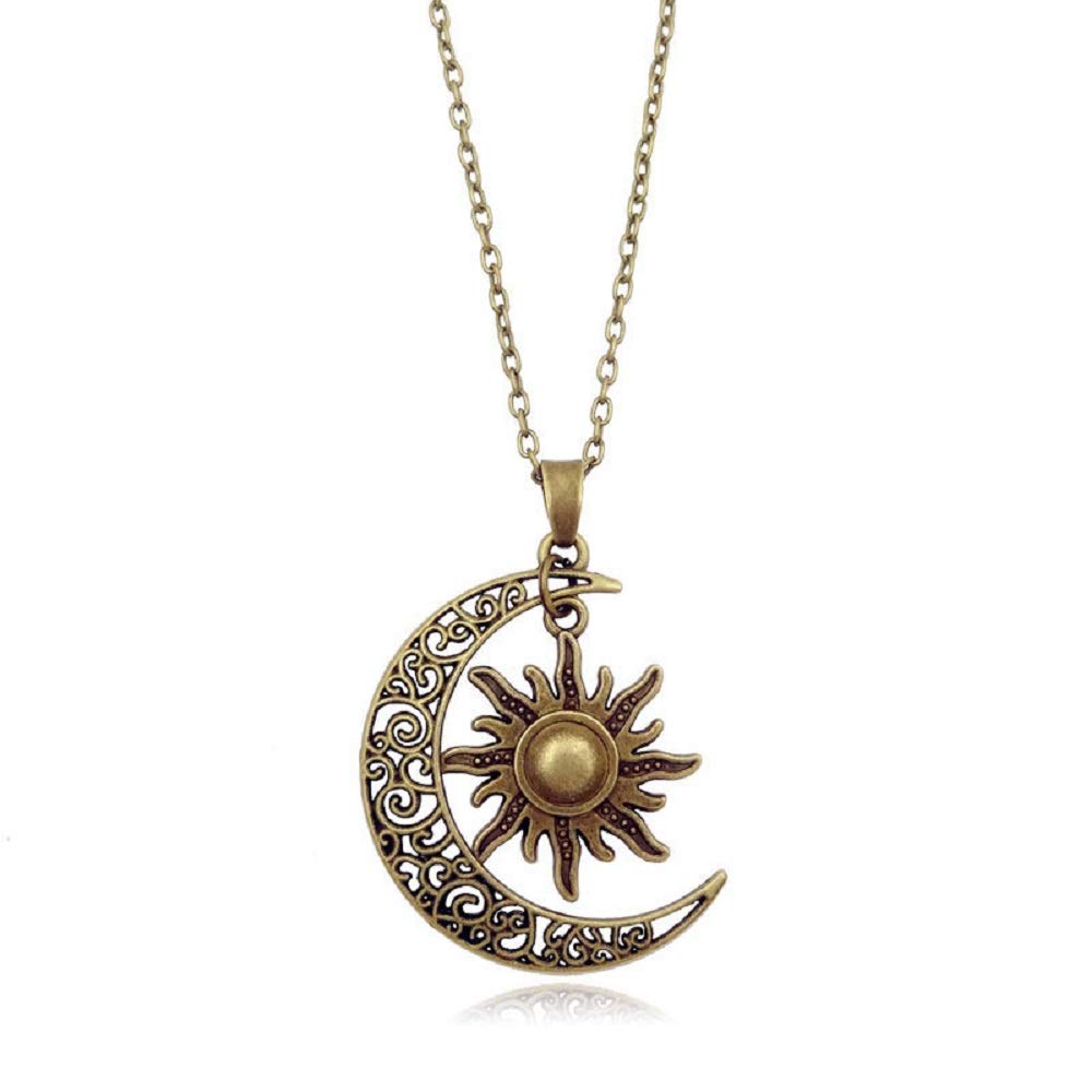 ease&beliefVintage Bronze Crescent Moon and Sun Pendant Necklace Retro Style Swirl Filigree Unisex Sweater Chain Jewelry Gifts for Women Men Girls-Bronze