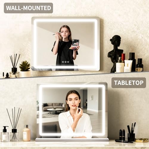 Image of ROLOVE 23 inchx 18 inch Large Vanity Mirror with Lights, LED Makeup Mirror for Dresser and Desk, 10X Magnification, Dimmable Touch Control, Wall Mounted or Tabletop Mirror for Bedroom (White)