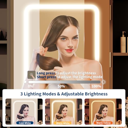GarveeHome Vanity Desk with Mirror and Lights, for Bedroom,Adjustable 3 Color Lights Modes,Includes Padded Stool, Makeup Table Set with Hidden Storage Shelves, USB Outlets, Hairdryer Holder