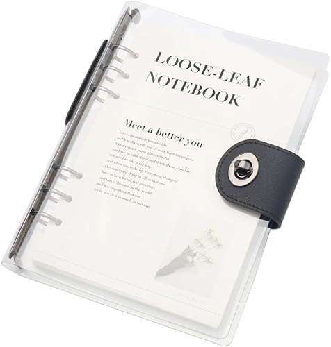 Carpeta A5 transparente recargable para cuaderno con 90 hojas de papel forrado, color negro, 6 anillas, suave, transparente, cubierta protectora de