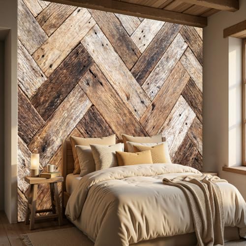 Papier Peint Planche En Bois À Motif À Chevrons, Style Rétro Champêtre Brun Papier Peint Panoramique, Pour Salon Chambre Chambre D'Enfant Intérieure Tapisserie Murales Décoration Murale, 250 x 175 cm
