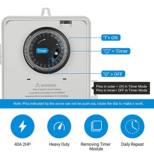 Dewenwils Pool Pump Timer, Mechanical Timer Box Outdoor, Heavy Duty 2Hp 40A 120-277 Vac, 24-Hour Programmable On/Off Timer Switch For Pool Pump, Spa, Motor, Etl Listed #TOP1