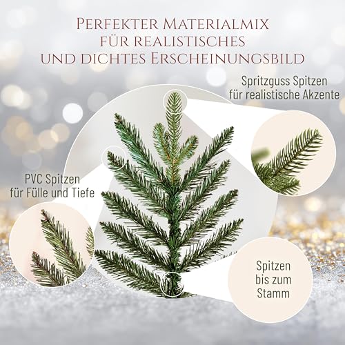 Premium Weihnachtsbaum künstlich 150cm - TESTSIEGER 10 Jahre GARANTIE - Naturgetreu, dichte Zweige, Künstlicher Weihnachtsbaum mit Holzständer, Christmas Tree Tannenbaum künstlich 150 cm Pure Living