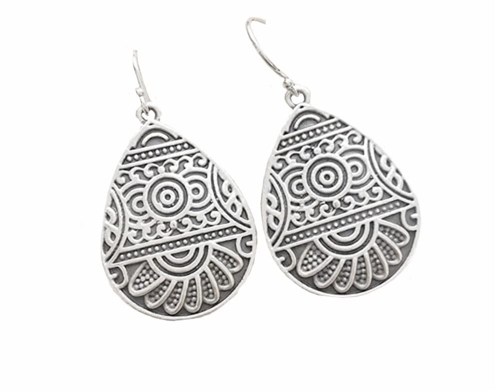 Stamped Celestial Design Teardrops on Sterling Silver Earrings