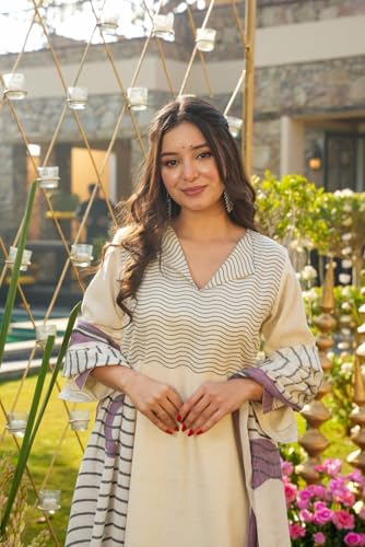 Image of Women's Muslin Geometric Wave Print Off White Straight Kurta & Pant Set with Dupatta | Shirt Collar V-Neck 3 /4 Bell Sleeve Crescent Print | Salwar Suit Set | Kurta Sets for Women