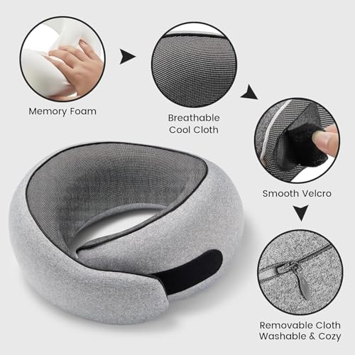 Image of SZXYX Travel Pillows - 100% Pure Memory Foam Neck Pillow for Airplanes, Comfortable Breathable Cover, 360 Support Stowable Pillows for Sleeping, Car, Airport Travel Essentials, Charcoal Grey