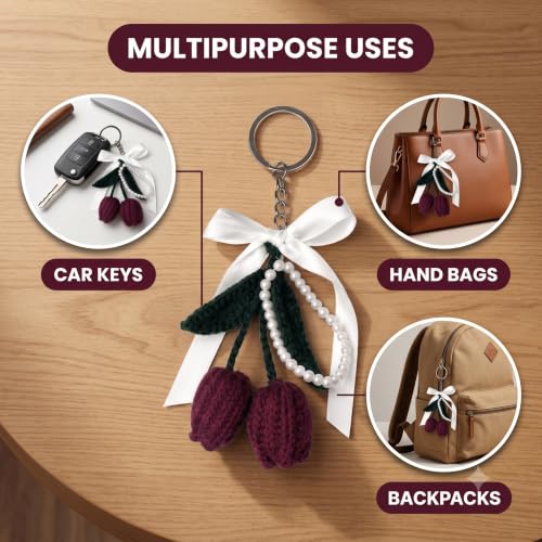 Image of Handmade Crochet Tulip Keychain with Pearl String - Cute Floral Bag Charm & Aesthetic Purse Pendant, Knitted Flower Keyring Accessory Gift for Girls & Women