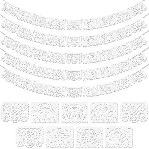 Asoulin 5 Pack White Papel Picado Banner Cinco De Mayo Plastic Mexican Party Banner Wedding Fiesta Party Decoration May 5 Mexican Themed Party Decor Mexico Birthday Party Supplies - 4 Patterns/90Ft